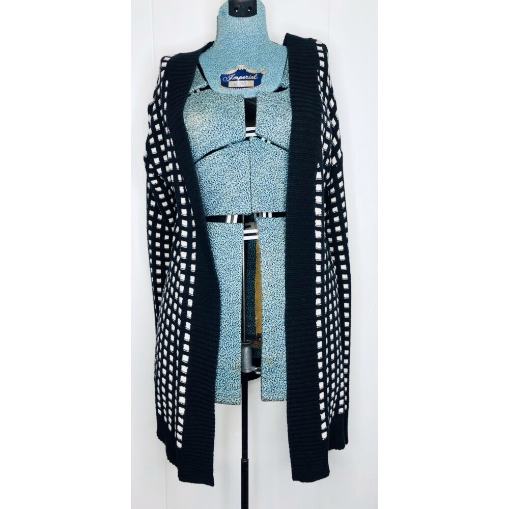 Women’s Open Front Long Cardigan B & W Squares